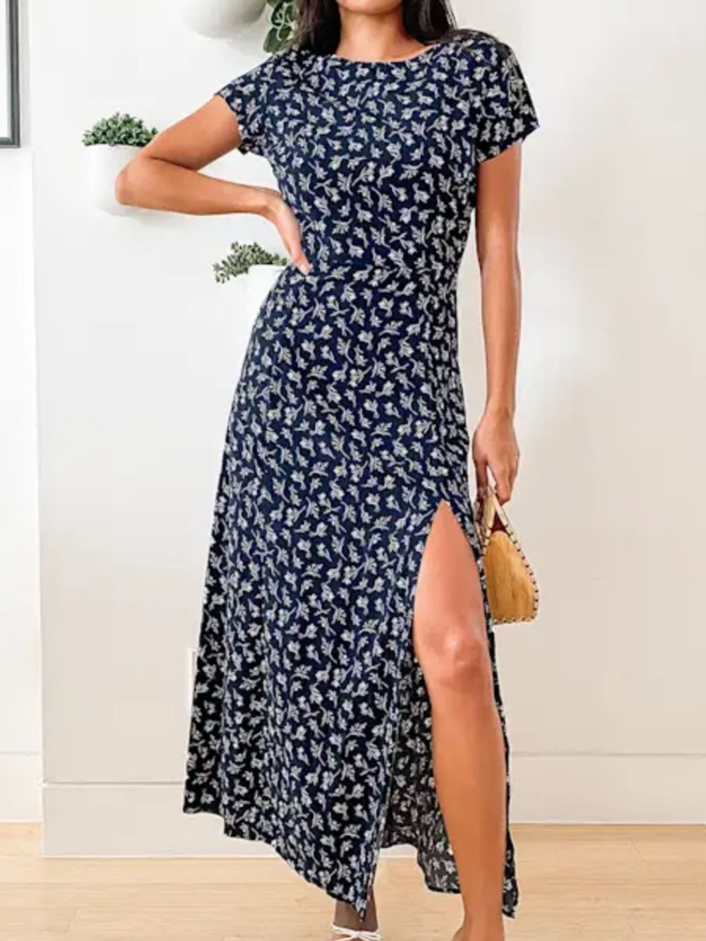 NWT-New Desires Navy Blue Floral Print Backless Maxi Dress